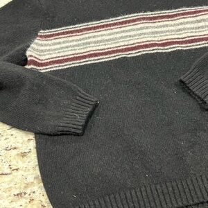 100% Wool Men's Black Charcoal Sweater with Striped Detail